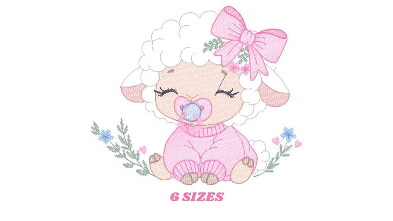 Baby Sheep embroidery design - Lamb with lace machine embroidery pattern - Baby girl file - Instant digital download pes jef dst hus