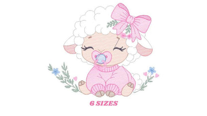 Baby Sheep embroidery design - Lamb with lace machine embroidery pattern - Baby girl file - Instant digital download pes jef dst hus