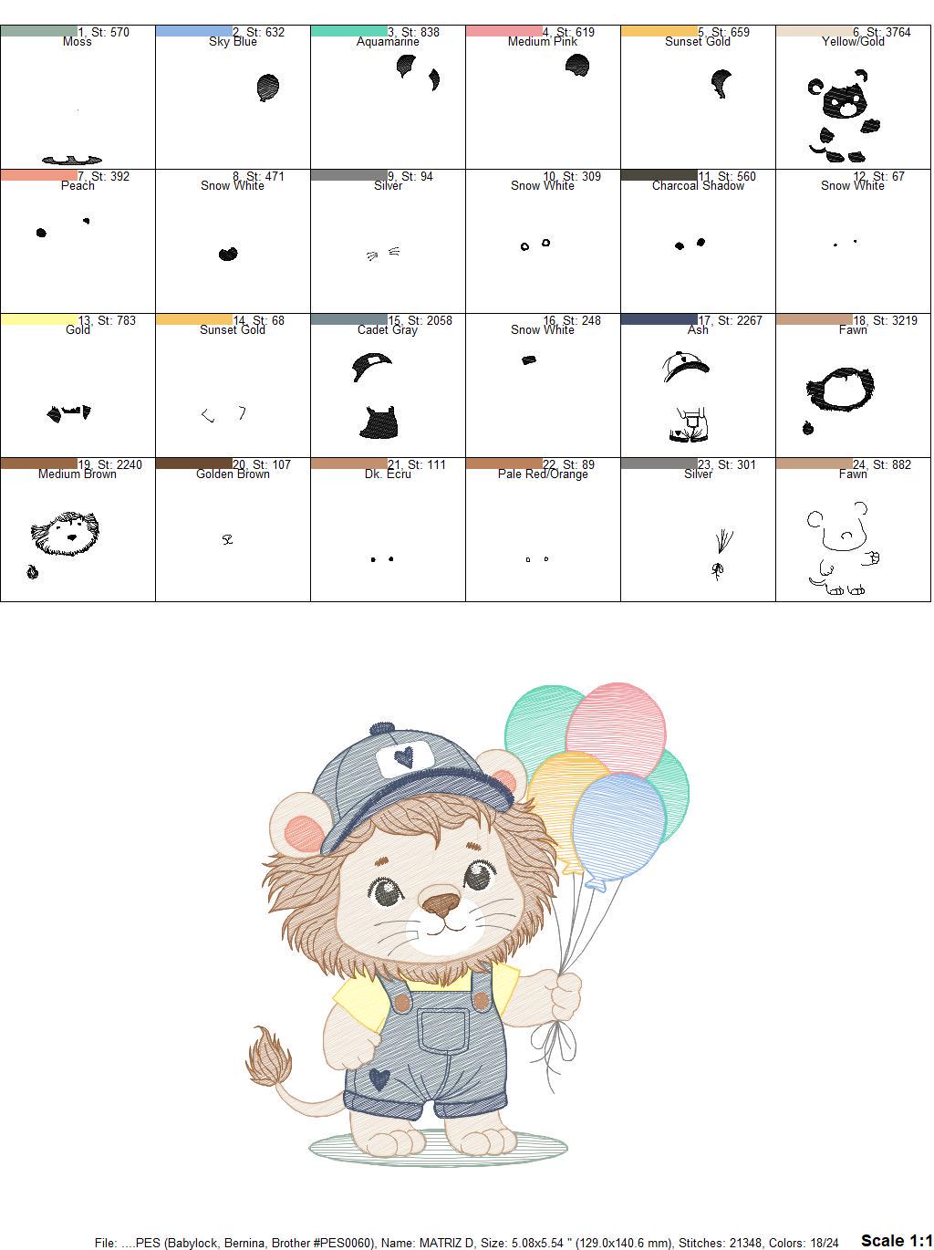 Lion with balloons embroidery designs - Safari animal embroidery design machine embroidery pattern - Baby boy embroidery - instant download
