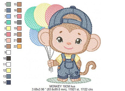 Monkey with balloons embroidery designs - Safari animal embroidery design machine embroidery pattern - Boy embroidery - instant download pes