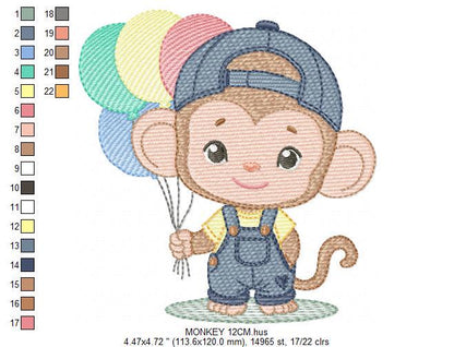 Monkey with balloons embroidery designs - Safari animal embroidery design machine embroidery pattern - Boy embroidery - instant download pes