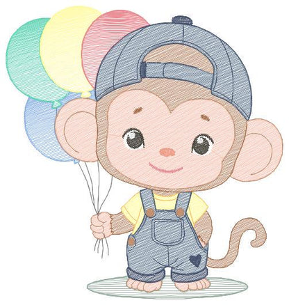 Monkey with balloons embroidery designs - Safari animal embroidery design machine embroidery pattern - Boy embroidery - instant download pes