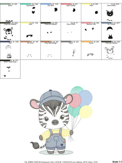 Zebra embroidery designs - Animal with balloons embroidery design machine embroidery pattern - Safari Party embroidery - instant download