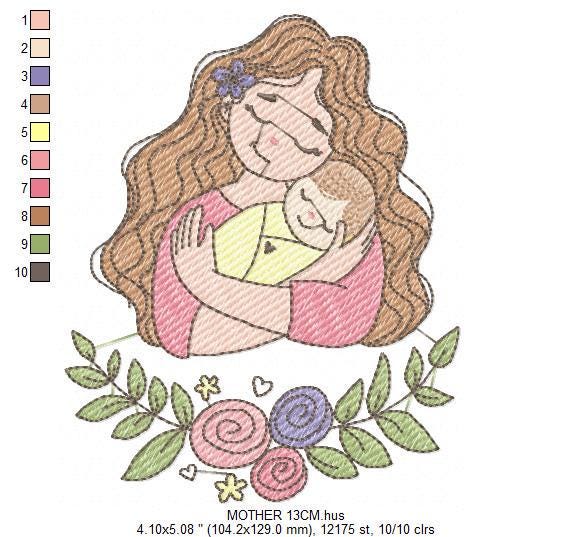 Mother with baby embroidery designs - Girl with newborn embroidery design machine embroidery pattern - Mama with flowers - instant download