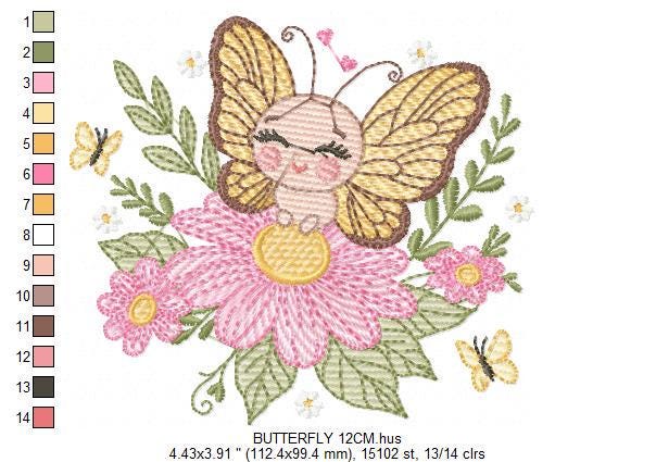 Butterfly embroidery designs - Flowers embroidery design machine embroidery pattern - Kitchen towel embroidery file - instant download pes