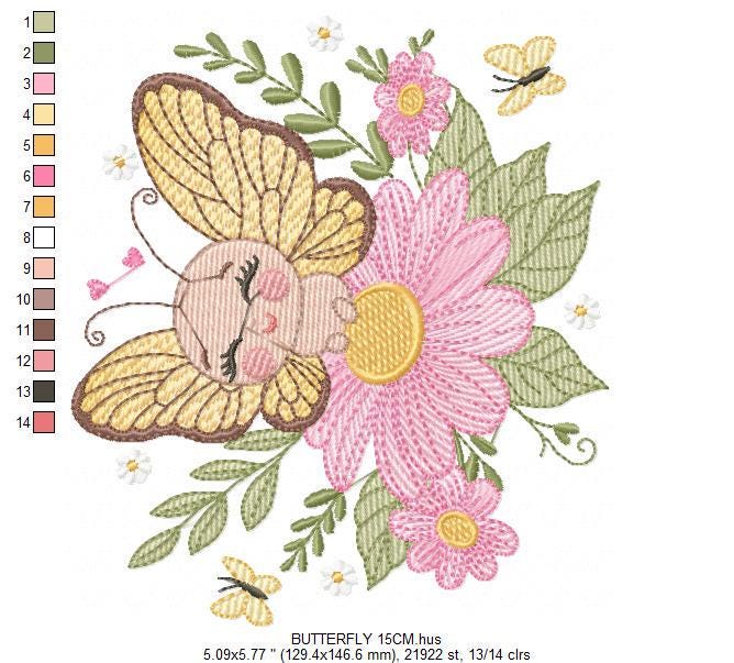 Butterfly embroidery designs - Flowers embroidery design machine embroidery pattern - Kitchen towel embroidery file - instant download pes