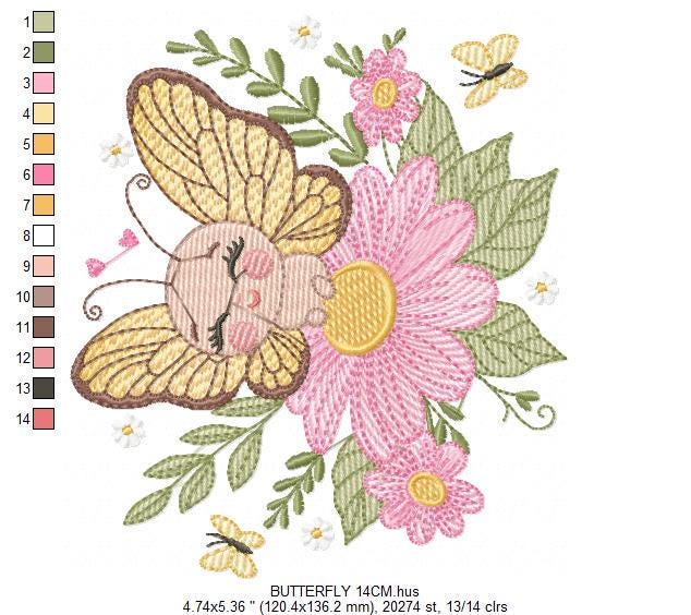 Butterfly embroidery designs - Flowers embroidery design machine embroidery pattern - Kitchen towel embroidery file - instant download pes