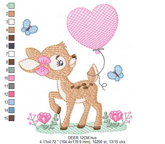 Deer embroidery design - Woodland Animal with Balloon embroidery designs machine embroidery pattern - Baby girl embroidery file - download