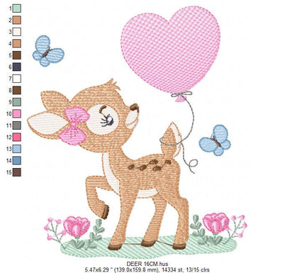 Deer embroidery design - Woodland Animal with Balloon embroidery designs machine embroidery pattern - Baby girl embroidery file - download