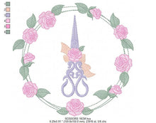 Laden Sie das Bild in den Galerie-Viewer, Scissors with flowers and Frame embroidery designs - Scissors embroidery design machine embroidery pattern - Rose wreath embroidery download
