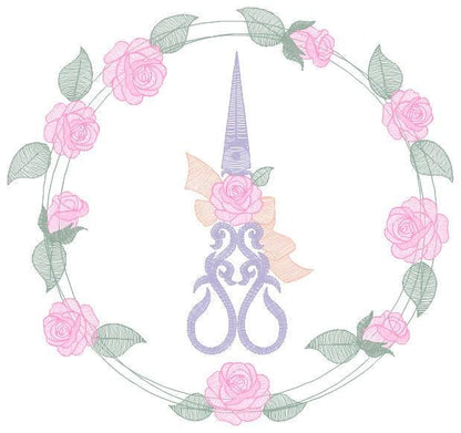 Scissors with flowers and Frame embroidery designs - Scissors embroidery design machine embroidery pattern - Rose wreath embroidery download