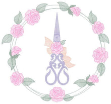 Load image into Gallery viewer, Scissors with flowers and Frame embroidery designs - Scissors embroidery design machine embroidery pattern - Rose wreath embroidery download
