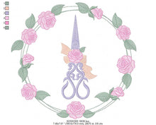 Charger l&#39;image dans la galerie, Scissors with flowers and Frame embroidery designs - Scissors embroidery design machine embroidery pattern - Rose wreath embroidery download
