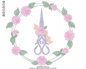 Scissors with flowers and Frame embroidery designs - Scissors embroidery design machine embroidery pattern - Rose wreath embroidery download