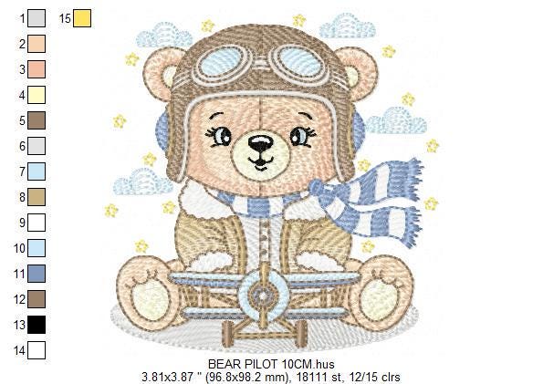 Pilot Bear embroidery designs - Plane embroidery design machine embroidery pattern - Aviator Teddy bear embroidery file - instant download