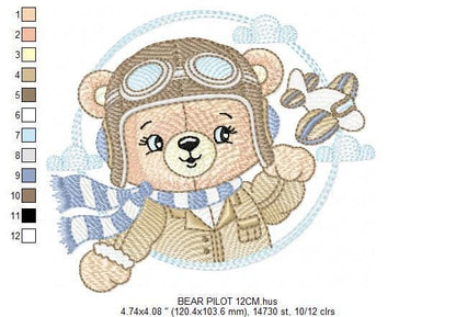 Pilot Bear embroidery designs - Plane embroidery design machine embroidery pattern - Aviator Teddy bear embroidery file - instant download