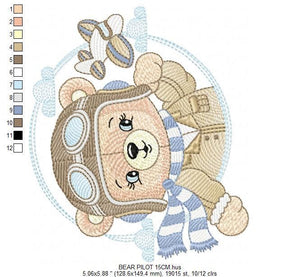 Pilot Bear embroidery designs - Plane embroidery design machine embroidery pattern - Aviator Teddy bear embroidery file - instant download