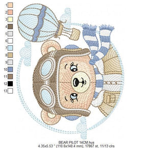 Pilot Bear embroidery designs - Balloon embroidery design machine embroidery pattern - Aviator Teddy bear embroidery file - instant download