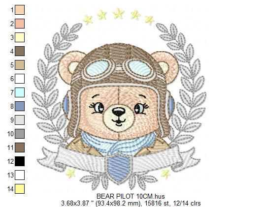 Pilot Bear frame embroidery designs - Aviator Teddy Bear with googles laurel embroidery design machine embroidery pattern - instant download