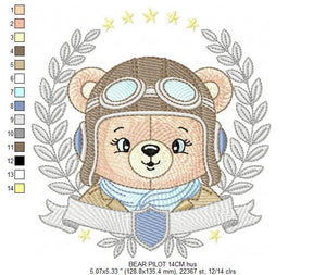 Pilot Bear frame embroidery designs - Aviator Teddy Bear with googles laurel embroidery design machine embroidery pattern - instant download