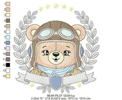 Pilot Bear frame embroidery designs - Aviator Teddy Bear with googles laurel embroidery design machine embroidery pattern - instant download