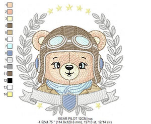 Pilot Bear frame embroidery designs - Aviator Teddy Bear with googles laurel embroidery design machine embroidery pattern - instant download