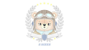 Pilot Bear frame embroidery designs - Aviator Teddy Bear with googles laurel embroidery design machine embroidery pattern - instant download