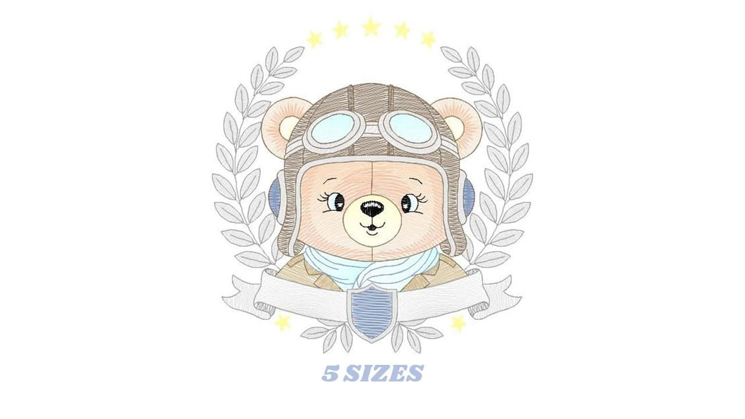 Pilot Bear frame embroidery designs - Aviator Teddy Bear with googles laurel embroidery design machine embroidery pattern - instant download