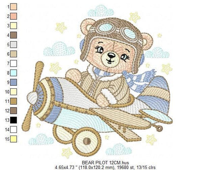 Pilot Bear embroidery designs - Plane embroidery design machine embroidery pattern - Aviator Teddy Bear embroidery file - instant download