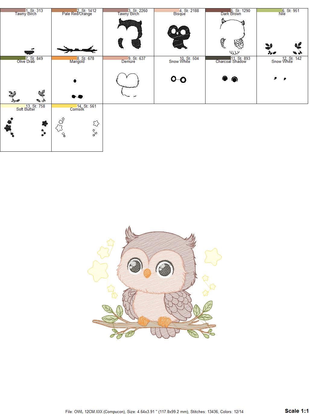 Owl embroidery design - Bird embroidery design machine embroidery pattern - Birdie embroidery file - Owl with branch star - instant download