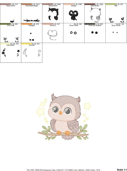 Owl embroidery design - Bird embroidery design machine embroidery pattern - Birdie embroidery file - Owl with branch star - instant download