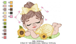 Baby girl embroidery designs - Girl with sunflower embroidery design machine embroidery pattern - Princess with lace embroidery download pes