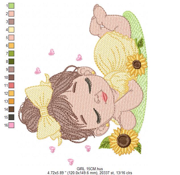 Baby girl embroidery designs - Girl with sunflower embroidery design machine embroidery pattern - Princess with lace embroidery download pes