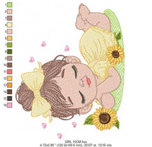 Charger l&#39;image dans la galerie, Baby girl embroidery designs - Girl with sunflower embroidery design machine embroidery pattern - Princess with lace embroidery download pes
