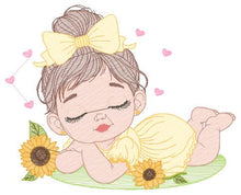 Laden Sie das Bild in den Galerie-Viewer, Baby girl embroidery designs - Girl with sunflower embroidery design machine embroidery pattern - Princess with lace embroidery download pes
