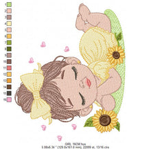 Cargar imagen en el visor de la galería, Baby girl embroidery designs - Girl with sunflower embroidery design machine embroidery pattern - Princess with lace embroidery download pes
