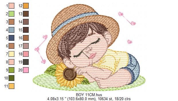 Baby boy embroidery design - Boy with hat embroidery designs machine embroidery pattern - Kid sleeeping with sunflower embroidery download