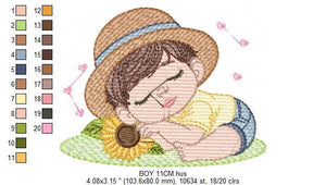 Baby boy embroidery design - Boy with hat embroidery designs machine embroidery pattern - Kid sleeeping with sunflower embroidery download