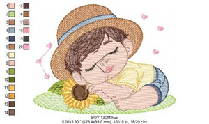 Baby boy embroidery design - Boy with hat embroidery designs machine embroidery pattern - Kid sleeeping with sunflower embroidery download