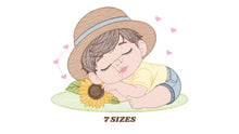 Carica l&#39;immagine nel visualizzatore di Gallery, Baby boy embroidery design - Boy with hat embroidery designs machine embroidery pattern - Kid sleeeping with sunflower embroidery download
