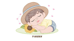 Baby boy embroidery design - Boy with hat embroidery designs machine embroidery pattern - Kid sleeeping with sunflower embroidery download