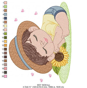 Baby boy embroidery design - Boy with hat embroidery designs machine embroidery pattern - Kid sleeeping with sunflower embroidery download