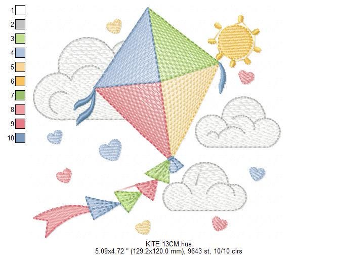 Kite embroidery designs - Baby Boy embroidery design machine embroidery pattern - Kid toy embroidery file - Sky flying clouds - pes download