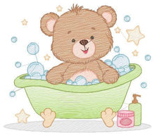 Charger l&#39;image dans la galerie, Bathing Bear embroidery designs - Baby boy embroidery design machine embroidery pattern - Bear with soap bubbles tub embroidery download jef
