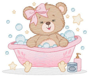 Bathing Bear embroidery designs - Baby girl embroidery design machine embroidery pattern - Bear with soap bubbles embroidery download pes