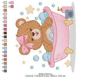 Bathing Bear embroidery designs - Baby girl embroidery design machine embroidery pattern - Bear with soap bubbles embroidery download pes