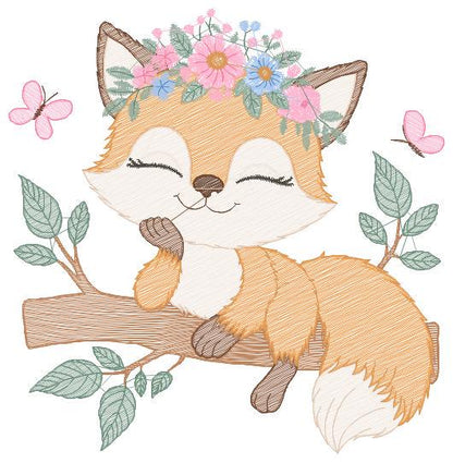 Red Fox embroidery designs - Woodland animal embroidery design machine embroidery pattern - Baby girl embroidery flowers - instant download