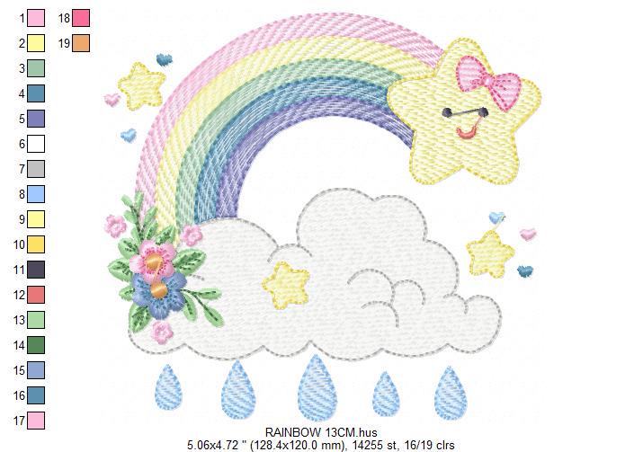 Rainbow embroidery design - Star rain and cloud embroidery design machine embroidery pattern - Baby girl embroidery file - instant download