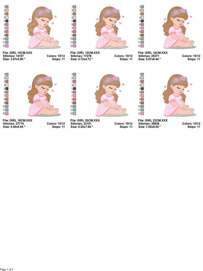 Baby girl with flowers embroidery designs - Sleeping Toddler embroidery design machine embroidery pattern - Girl with hearts - pes download