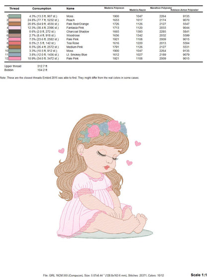 Baby girl with flowers embroidery designs - Sleeping Toddler embroidery design machine embroidery pattern - Girl with hearts - pes download